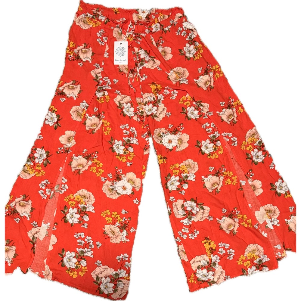 Blue Island Beach Floral Wide Leg Pants Red Side Slit Palazzo XL NWT